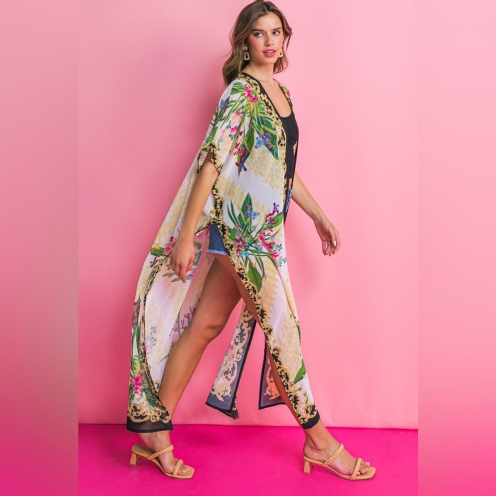 Boho Floral Long Kimono | Tropical Maxi Duster Jacket | Cream Beach Cover-Up - Picture 4 of 5